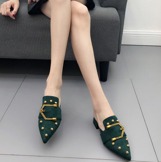 Summer Korean Retro Wild Fashion Non-Heel Pointed Muller Shoes Female Mid-Heel Baotou Thick With Lazy Half Slippers
