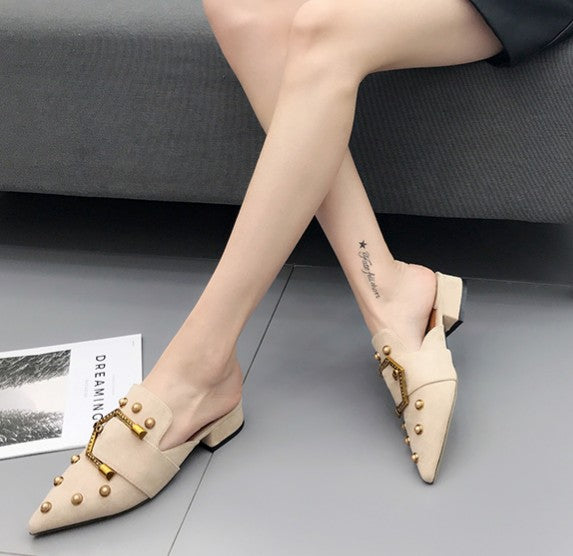 Summer Korean Retro Wild Fashion Non-Heel Pointed Muller Shoes Female Mid-Heel Baotou Thick With Lazy Half Slippers