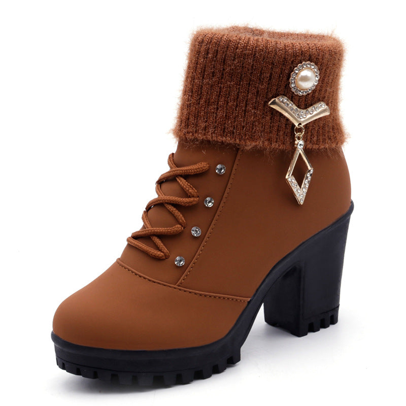 New women's boots with coarse Martin boots female round high-heeled shoes in autumn and winter warm mix boots