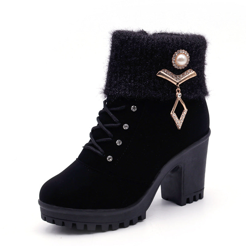 New women's boots with coarse Martin boots female round high-heeled shoes in autumn and winter warm mix boots