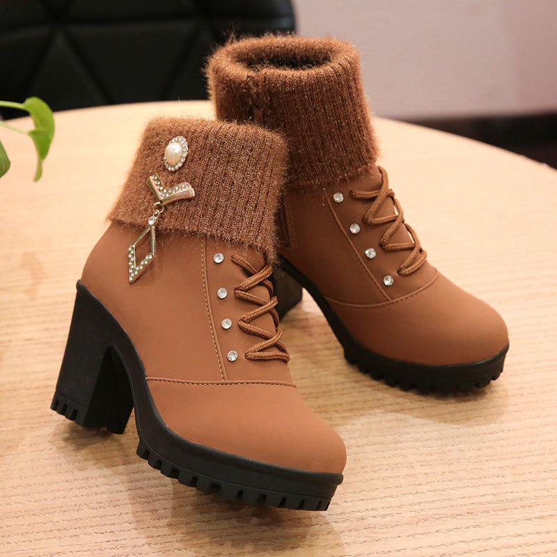 New women's boots with coarse Martin boots female round high-heeled shoes in autumn and winter warm mix boots