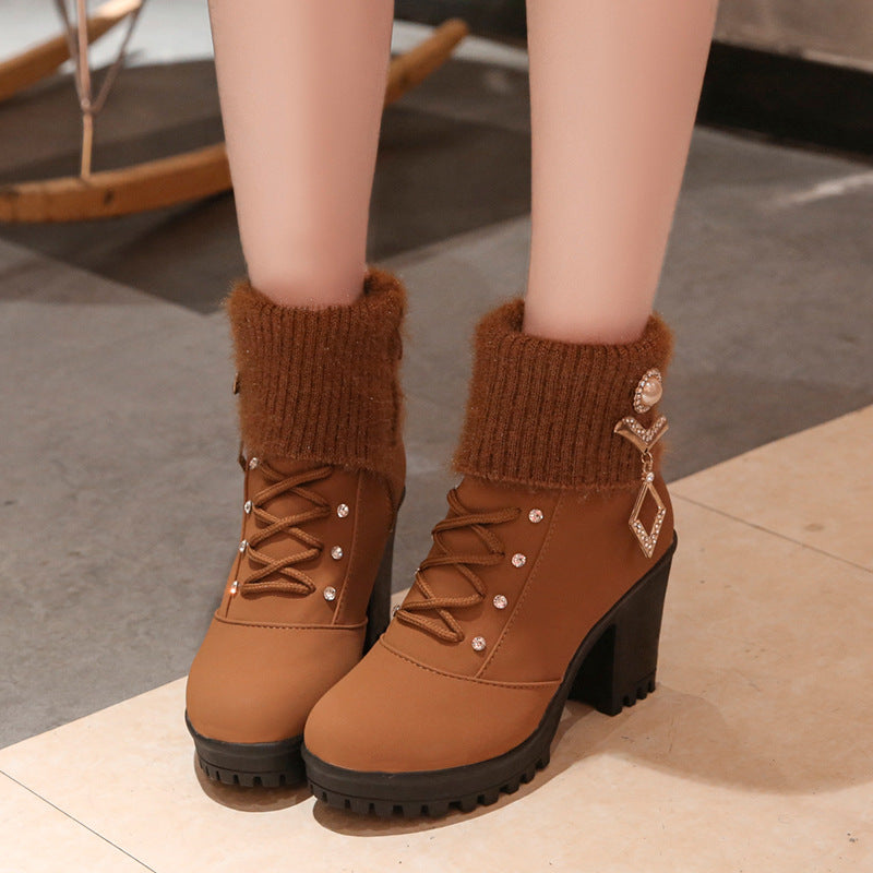 New women's boots with coarse Martin boots female round high-heeled shoes in autumn and winter warm mix boots