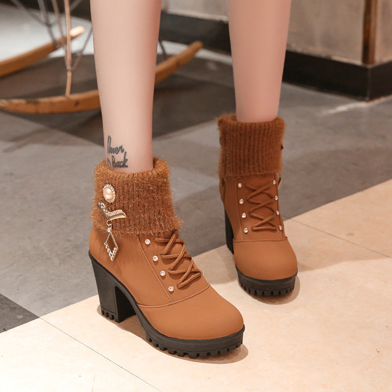 New women's boots with coarse Martin boots female round high-heeled shoes in autumn and winter warm mix boots