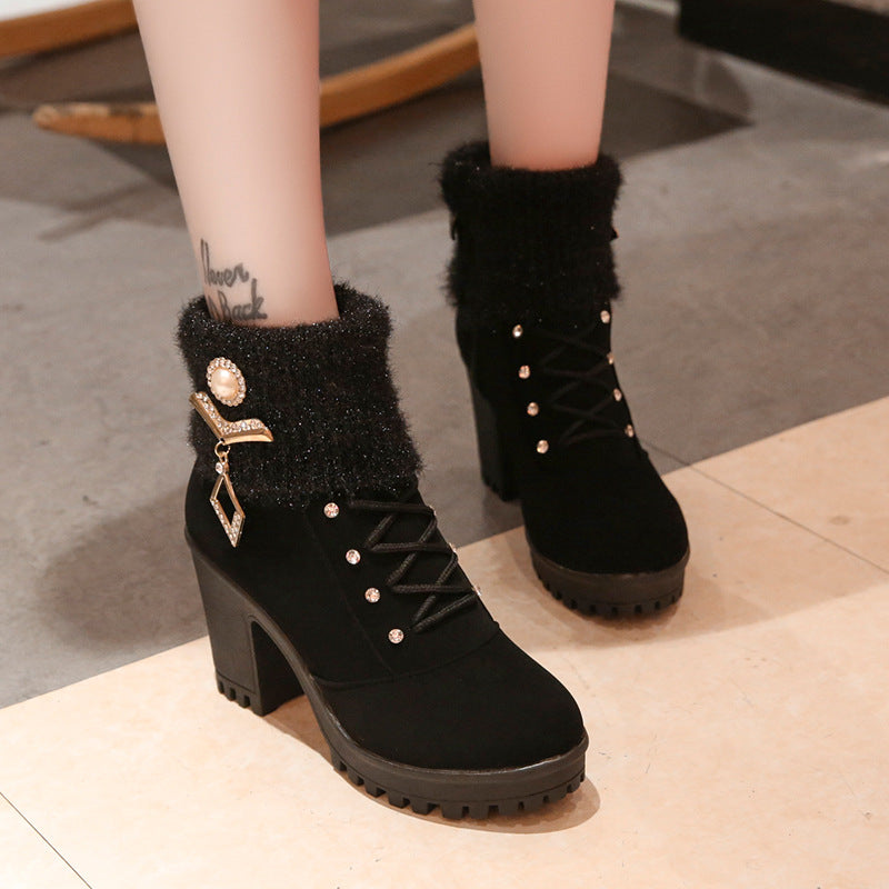 New women's boots with coarse Martin boots female round high-heeled shoes in autumn and winter warm mix boots
