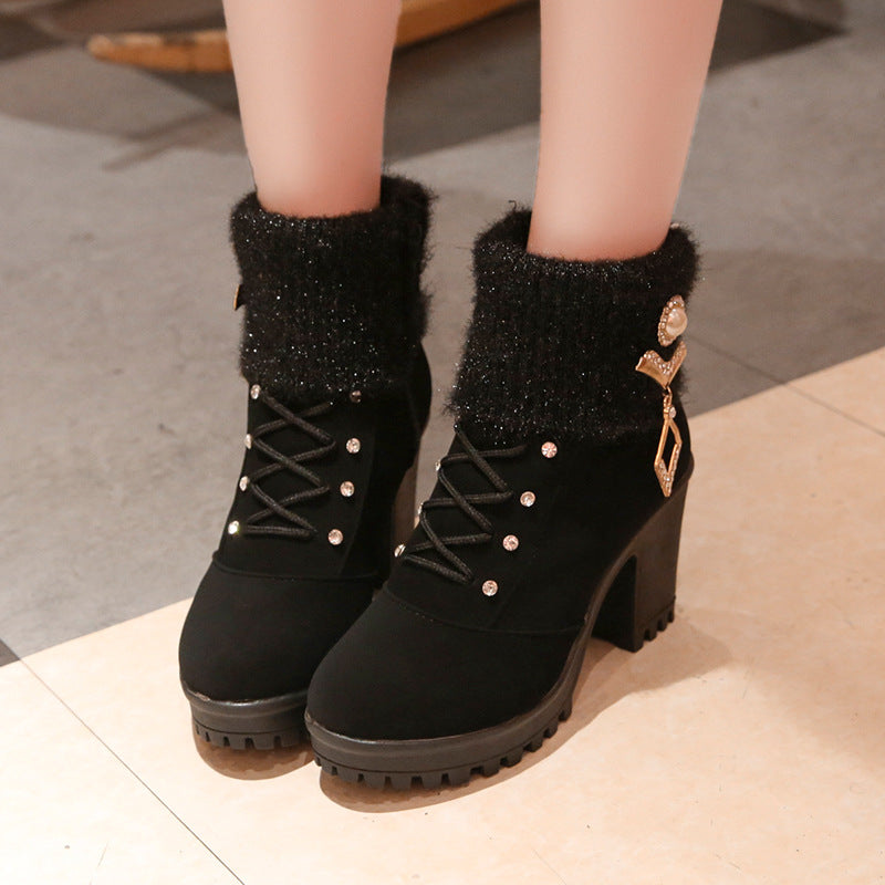 New women's boots with coarse Martin boots female round high-heeled shoes in autumn and winter warm mix boots