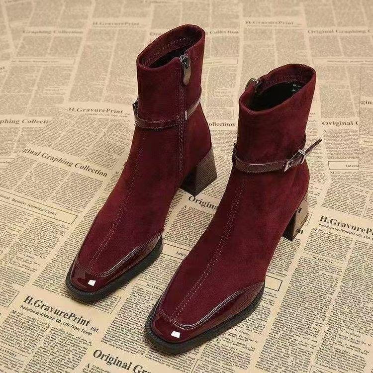 Retro French British Style Black Square Toe Leather Suede Ankle Side Zip Boots