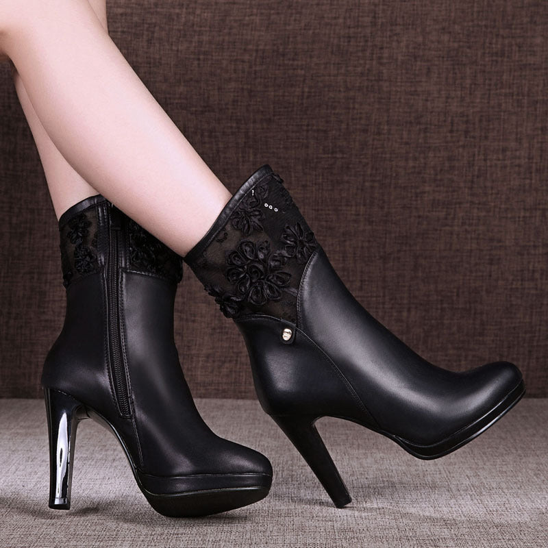 In the winter of new black high-heeled boots boots in female with a fine lady all-match lace round high boots