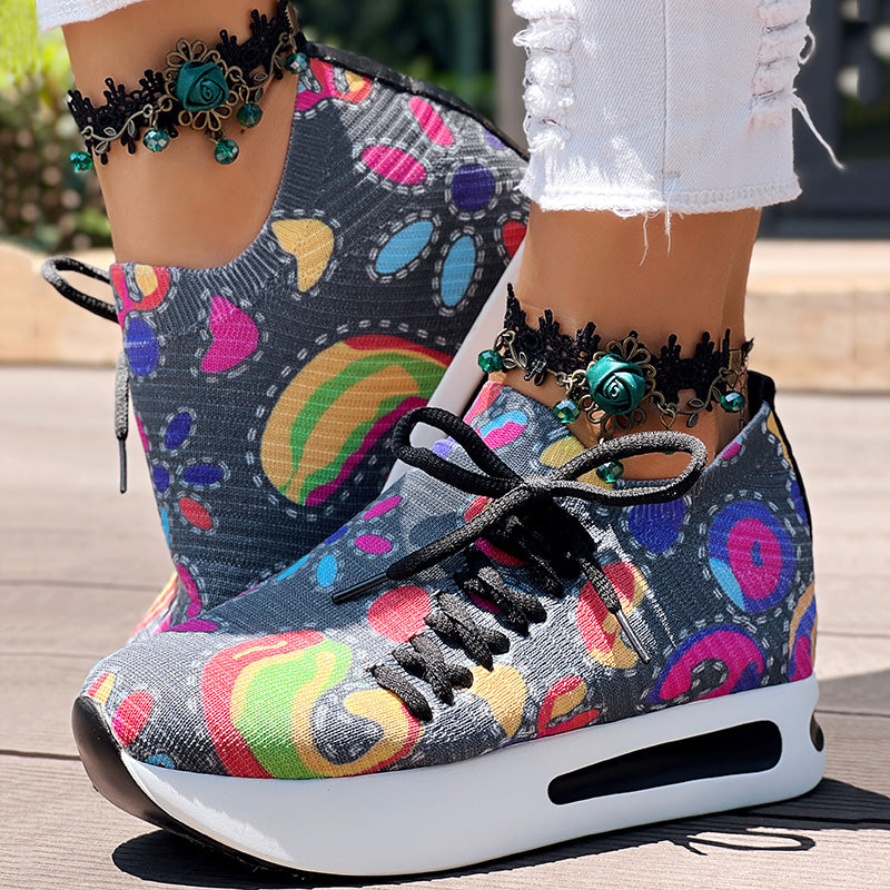 Women's Random Print Side Lace-Up Elastic Sport Shoes, Comfortable Slip-On Sneakers For Women, Casual Daily Wear Footwear