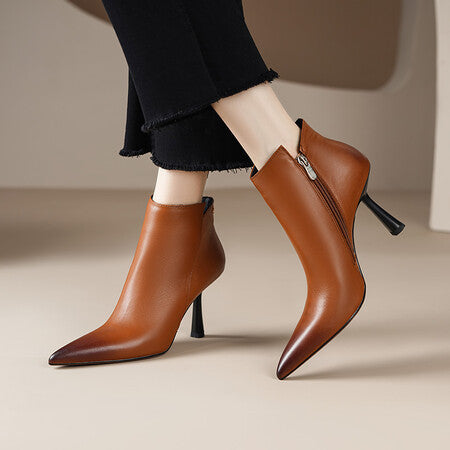 Fashion Boots, Cowhide Ankle Boots, Women's Mid-heel Single-layer Boots